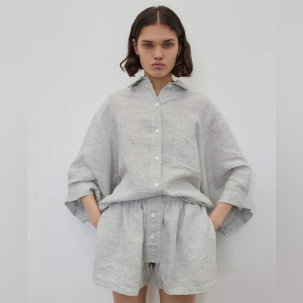 Women's Light Gray Striped Cotton Lounge Shirt & Shorts Set